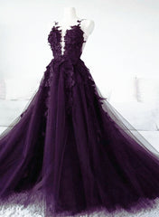 Salad Dress Recipes, Dark Purple Tulle with Lace Applique Formal Dress, Purple Evening Dress
