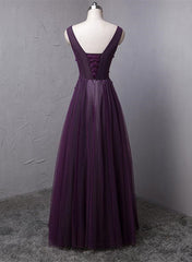Formal Dress Long, Dark Purple V-neckline Beaded Tulle Long Formal Dress, Purple Evening Dress
