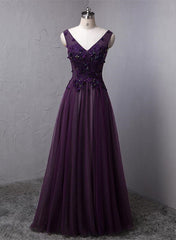 Formals Dresses Long, Dark Purple V-neckline Beaded Tulle Long Formal Dress, Purple Evening Dress
