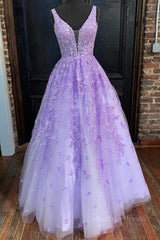 Formal Dresses Style, Deep V Neck Purple Lace Long Prom Dresses, Purple Lace Formal Dresses, Purple Evening Dresses