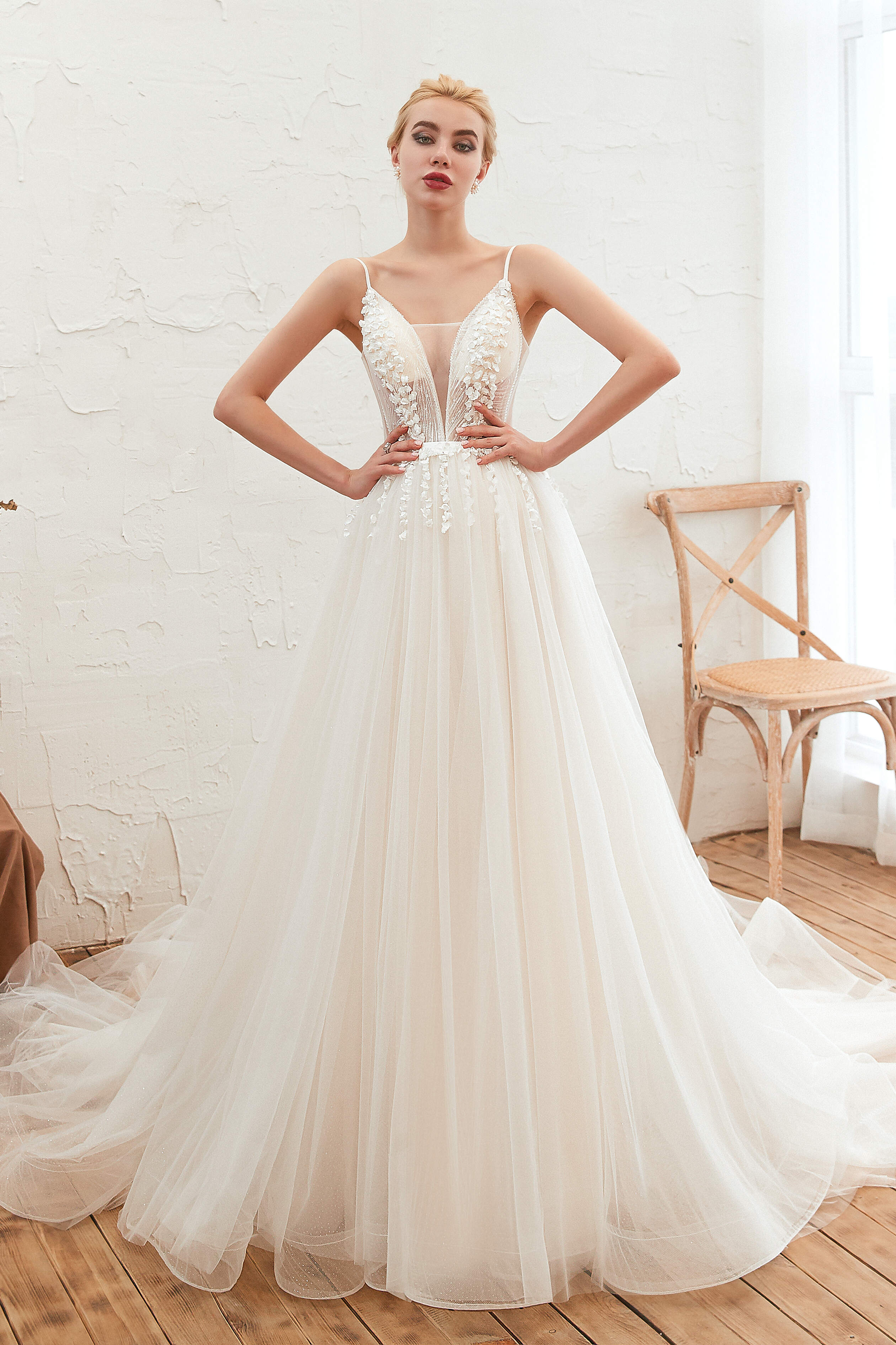 Wedding Dressed Beach, Deep V See Through Neck Bridal Dresses Spaghetti Straps Fairy Tulle Wedding Gowns