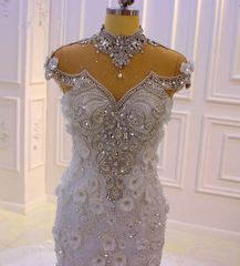 Wedding Dress Fitting, Delicate Sleeveless Beading Sheer Tulle Appliques Mermaid Sparkling Wedding Dresses