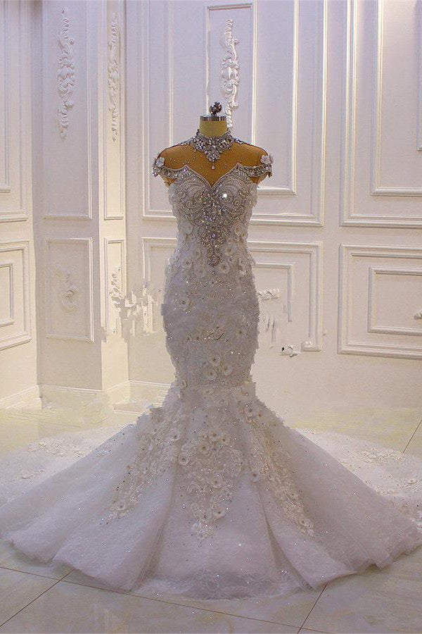 Wedding Dress Fittings, Delicate Sleeveless Beading Sheer Tulle Appliques Mermaid Sparkling Wedding Dresses