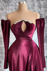 Bridesmaids Dress Convertible, Designer Burgundy Velvet Long Sleeves Prom Dress With Train,Gala Dresses Elegant