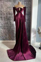 Bridesmaid Dresses Convertable, Designer Burgundy Velvet Long Sleeves Prom Dress With Train,Gala Dresses Elegant