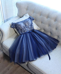 Prom Dress Outfit, Blue Lace Off Shoulder Short Prom Dress, Blue Evening Dress