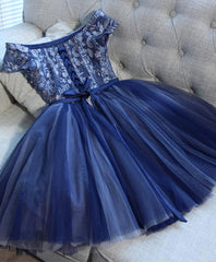 Prom Dresses With Long Sleeves, Blue Lace Off Shoulder Short Prom Dress, Blue Evening Dress
