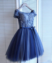 Prom Dress With Long Sleeves, Blue Lace Off Shoulder Short Prom Dress, Blue Evening Dress