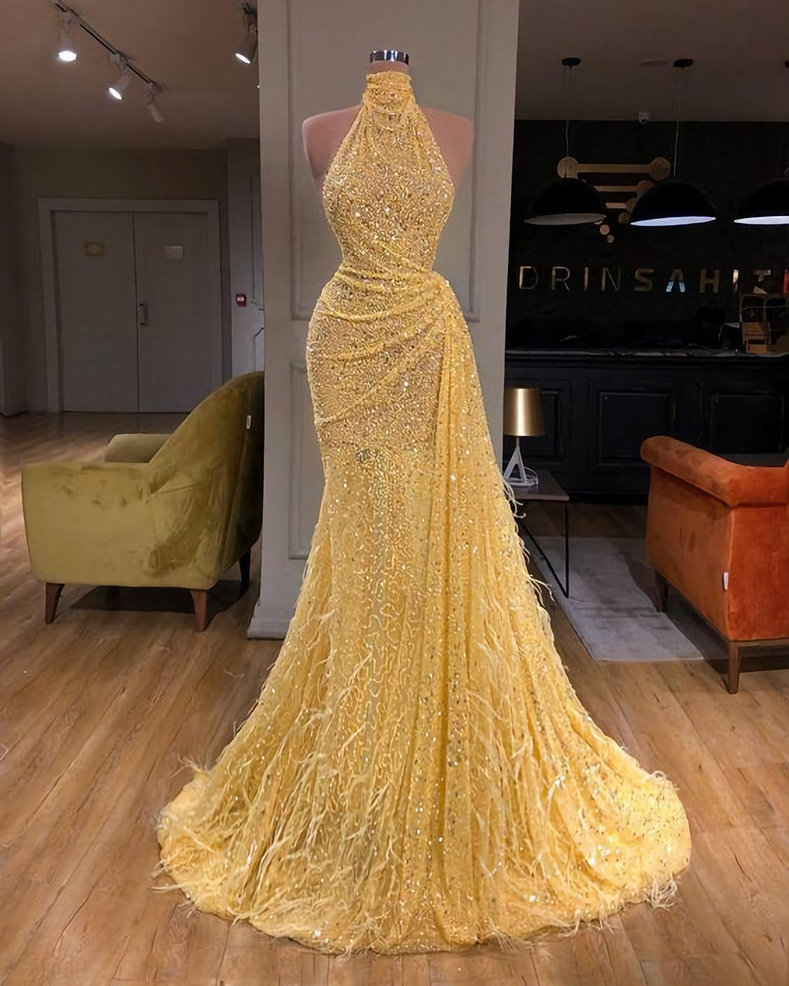 Elegant Dress For Women, Yellow Evening Dresses, Long High Neck Sparkly Feather Luxury Bling Evening Gown Formal Dress, Long Prom Dress