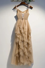 Stunning Dress, A Line Champage Spaghetti Straps Ruffles Tulle Prom Dresses, Lace Up Prom Gowns