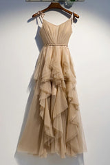 Long Formal Dress, A Line Champage Spaghetti Straps Ruffles Tulle Prom Dresses, Lace Up Prom Gowns