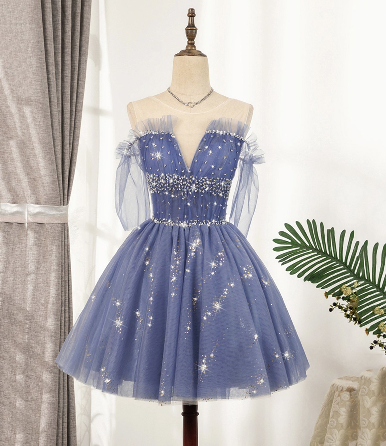 Evening Dresses Yde, Blue Tulle Sequins Short A Line Homecoming Dress, Party Dress