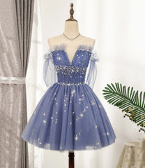 Evening Dresses Yde, Blue Tulle Sequins Short A Line Homecoming Dress, Party Dress