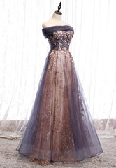 Prom Shoes, Purple Tulle Long Prom Dresses, A-Line Evening Dresses