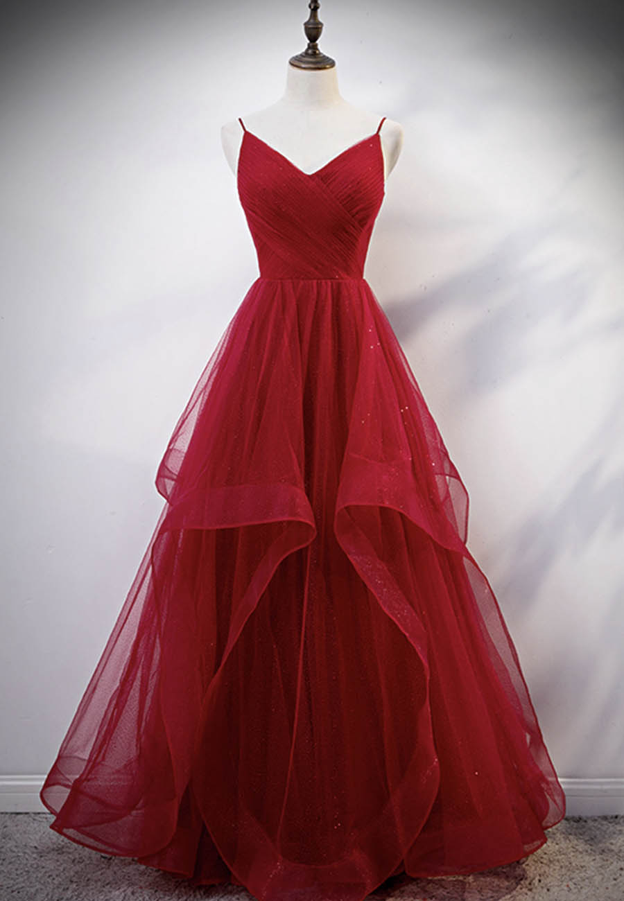 Formal Dresses For Weddings Guest, Burgundy Tulle Long Prom Dresses, V-Neck Evening Dress