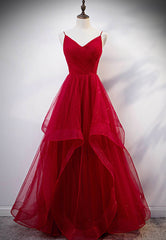 Formal Dresses For Weddings Guest, Burgundy Tulle Long Prom Dresses, V-Neck Evening Dress