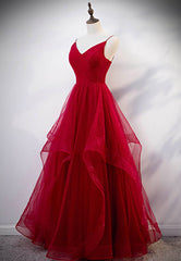 Formal Dress For Wedding Guests, Burgundy Tulle Long Prom Dresses, V-Neck Evening Dress