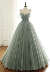 Prom Dress Long Quinceanera Dresses Tulle Formal Evening Gowns, Green Tulle Long Prom Dresses, A-Line Spaghetti Straps Evening Dresses