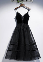 Wedding Invitations, Black Velvet Tulle Short Prom Dresses, A-Line Party Dresses