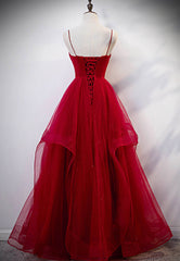 Formal Dress For Weddings Guest, Burgundy Tulle Long Prom Dresses, V-Neck Evening Dress