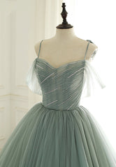 Prom Dresse Backless, Green Tulle Long Prom Dresses, A-Line Spaghetti Straps Evening Dresses