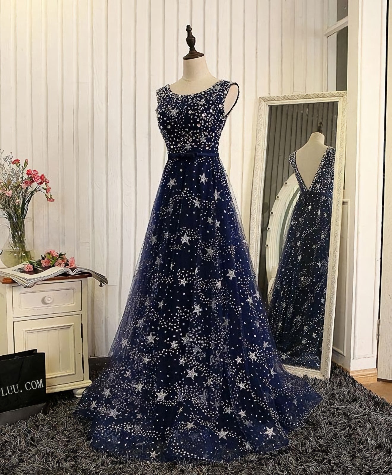 Prom Dresses Black, Blue Beaded Sequins Long Prom Dress, Blue Evening Dress