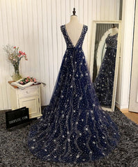 Prom Dresses Graduacion, Blue Beaded Sequins Long Prom Dress, Blue Evening Dress