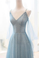 Prom Dress Long Open Back, Dusty Blue Sparkly Tulle Long Prom Dress, A-Line Spaghetti Strap Evening Dress