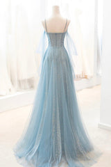 Prom Dresses Photos Gallery, Dusty Blue Sparkly Tulle Long Prom Dress, A-Line Spaghetti Strap Evening Dress