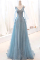 Prom Dresses Long Open Back, Dusty Blue Sparkly Tulle Long Prom Dress, A-Line Spaghetti Strap Evening Dress