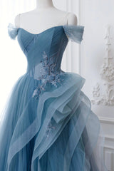 Dress Outfit, Dusty Blue Tulle Floor Length Prom Dresses, Blue Off the Shoulder Removable Sleeve Evening Dress