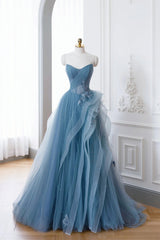 Quinceanera Dress, Dusty Blue Tulle Floor Length Prom Dresses, Blue Off the Shoulder Removable Sleeve Evening Dress