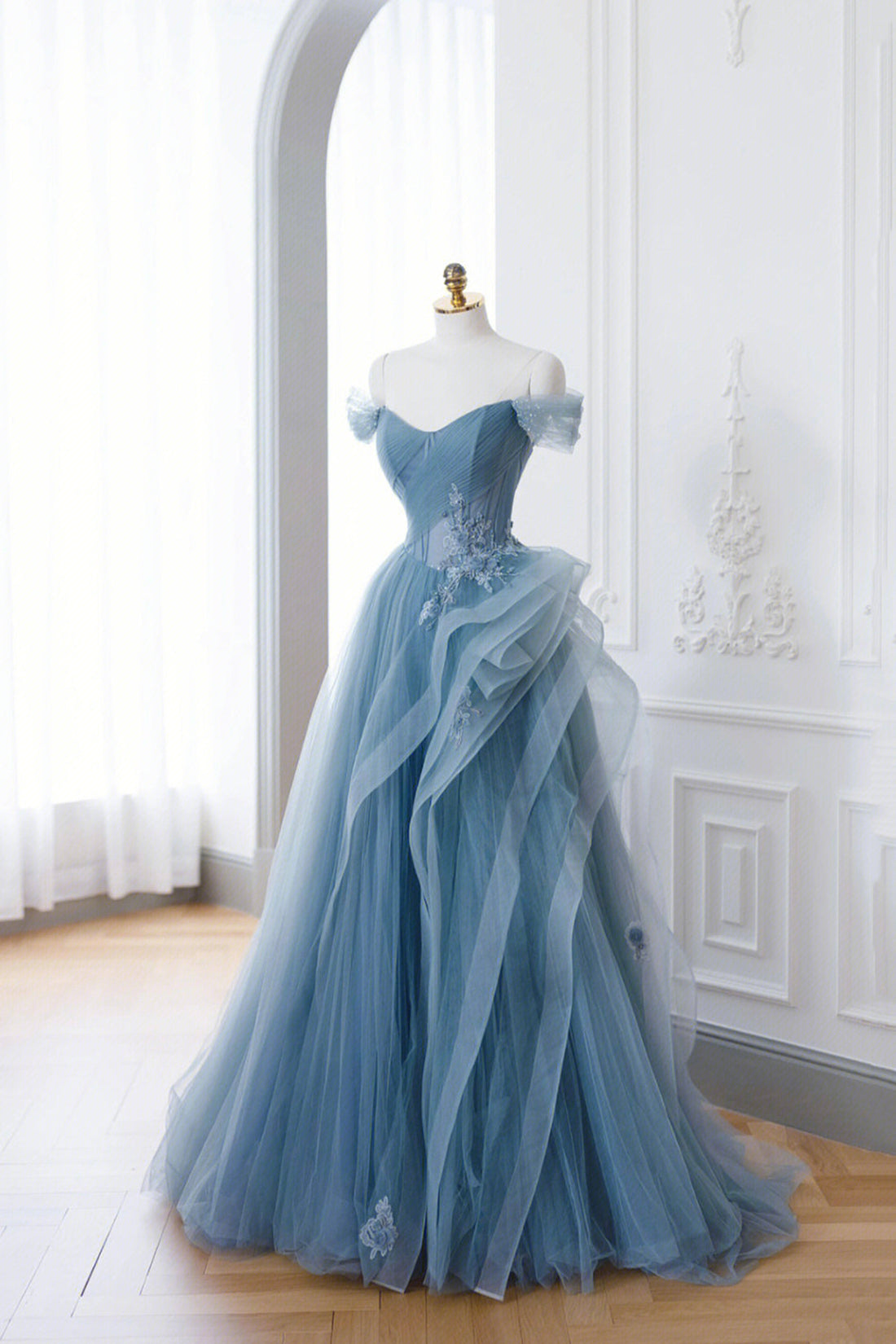 Elegant Dress, Dusty Blue Tulle Floor Length Prom Dresses, Blue Off the Shoulder Removable Sleeve Evening Dress