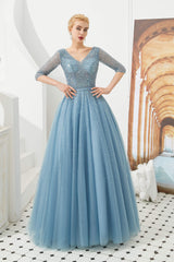 Prom Dress Websites, Dusty Blue V-Neck Half-Sleeve Prom Dresses Long With Beadings Lace-up
