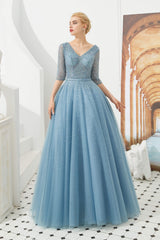Prom Dresses Sites, Dusty Blue V-Neck Half-Sleeve Prom Dresses Long With Beadings Lace-up