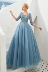 Prom Dress Sites, Dusty Blue V-Neck Half-Sleeve Prom Dresses Long With Beadings Lace-up