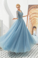 Prom Dresses Affordable, Dusty Blue V-Neck Half-Sleeve Prom Dresses Long With Beadings Lace-up