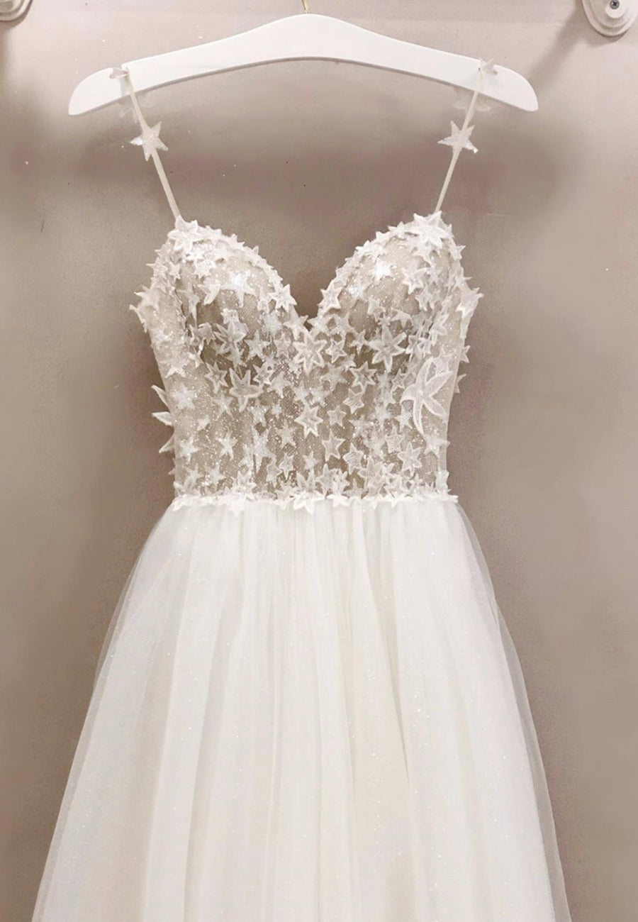 Party Dress Code Ideas, White Tulle Long A-Line Prom Dresses with Lace