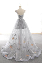 Party Dresses Glitter, Gray Long Prom Dress with Butterfly, New Arrival Unique Evening Dress