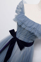 Party Dresses For 36 Year Olds, Blue Off the Shoulder Tulle Long Prom Dress with Sash, Sparkly Formal Gown