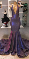 Party Dresses Online Shopping, Chic Deep V-Neck Sleeveless Prom Dresses New Arrival Halter Memaiad Sequins Evening Gowns