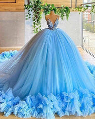 Party Dresses Cheap, spaghetti straps beading bodice tulle ball gown evening dress with handmade flowers