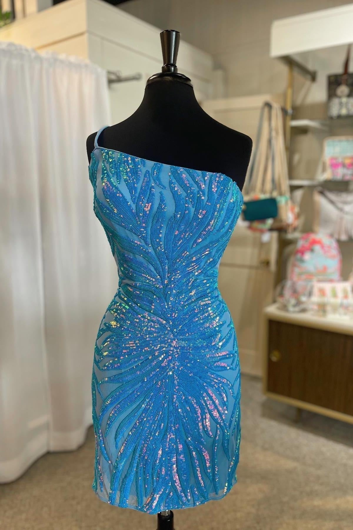 Bridesmaid Dress Website, Blue One Shoulder Sequined Sheath Homecoming Dress