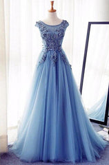 Bridesmaids Dresses Idea, Appliques Lace Up Capped Sleeves A-Line/Princess Tulle 2024 Blue Prom Dresses