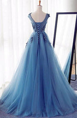 Bridesmaides Dress Ideas, Appliques Lace Up Capped Sleeves A-Line/Princess Tulle 2024 Blue Prom Dresses