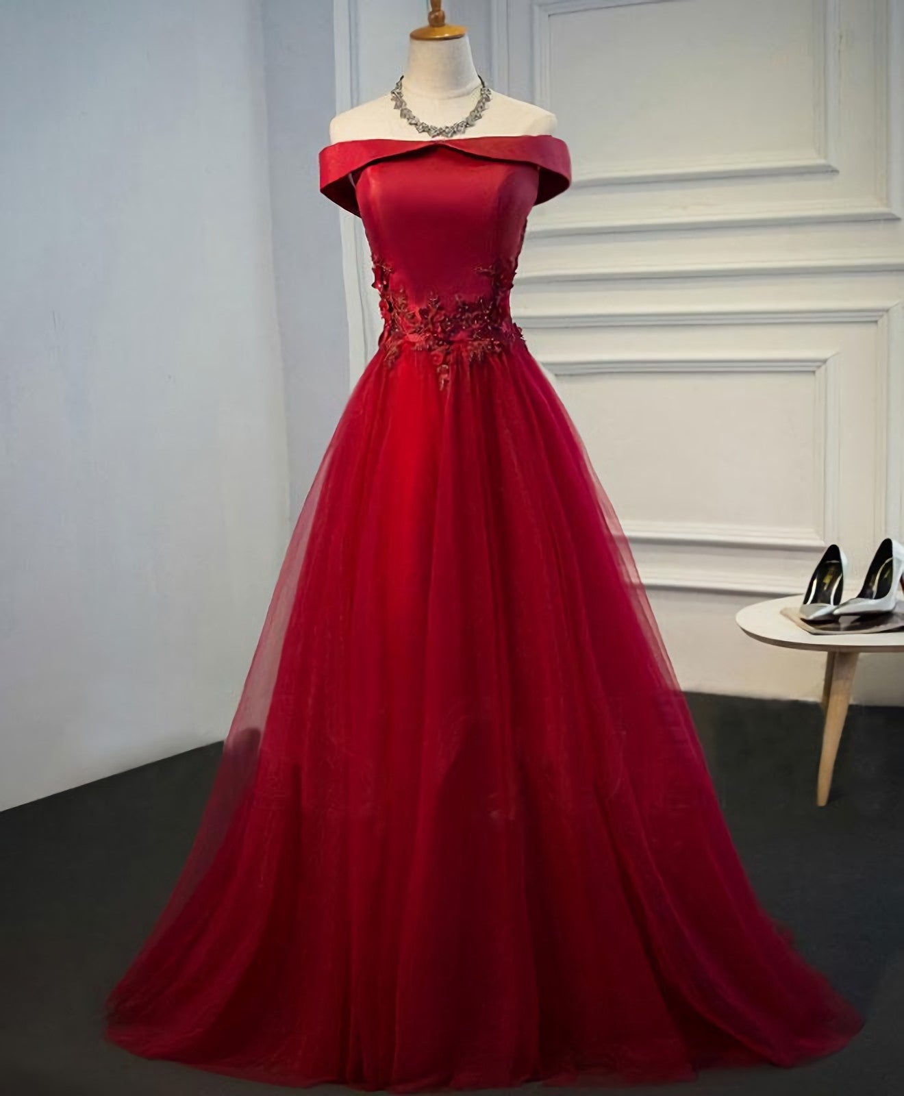 Prom Dress Types, Burgundy Lace Tulle Long Prom Dress, Off Shoulder Evening Dress