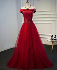 Prom Dress Types, Burgundy Lace Tulle Long Prom Dress, Off Shoulder Evening Dress