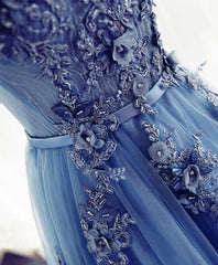 Prom Dress Ball Gown, Blue A Line Tulle Lace Long Prom Dress, Evening Dress