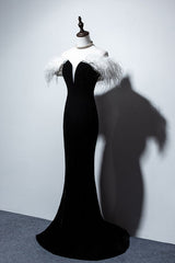 Party Dress Nye, Black Velvet Mermaid Prom Dress with Feather, Off the Shoulder Long Evening Gown