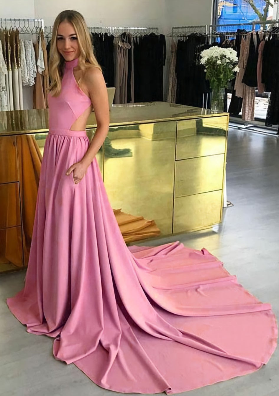 Party Dresses Online, Elastic Satin Prom Dress A-Line/Princess High-Neck Chapel Train With Pleated